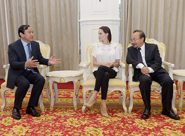 HE. Minister discusses with Hollywood Super Star, Madam Angelina Jolie Pitt, and Mr. Pan Rithy before the courtesy call on Samdech Techo Hun Sen, PM on 17 September 2015.