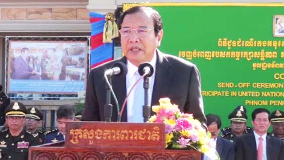 H.E. Minister Prak Sokhonn Presided over the Send-Off Ceremony for Engineer Companies 549 and 936 to Participate in United Nations Missions in Central African Republic and Lebanon which Held at Phnom Penh Military Airbase on November 2, 2015