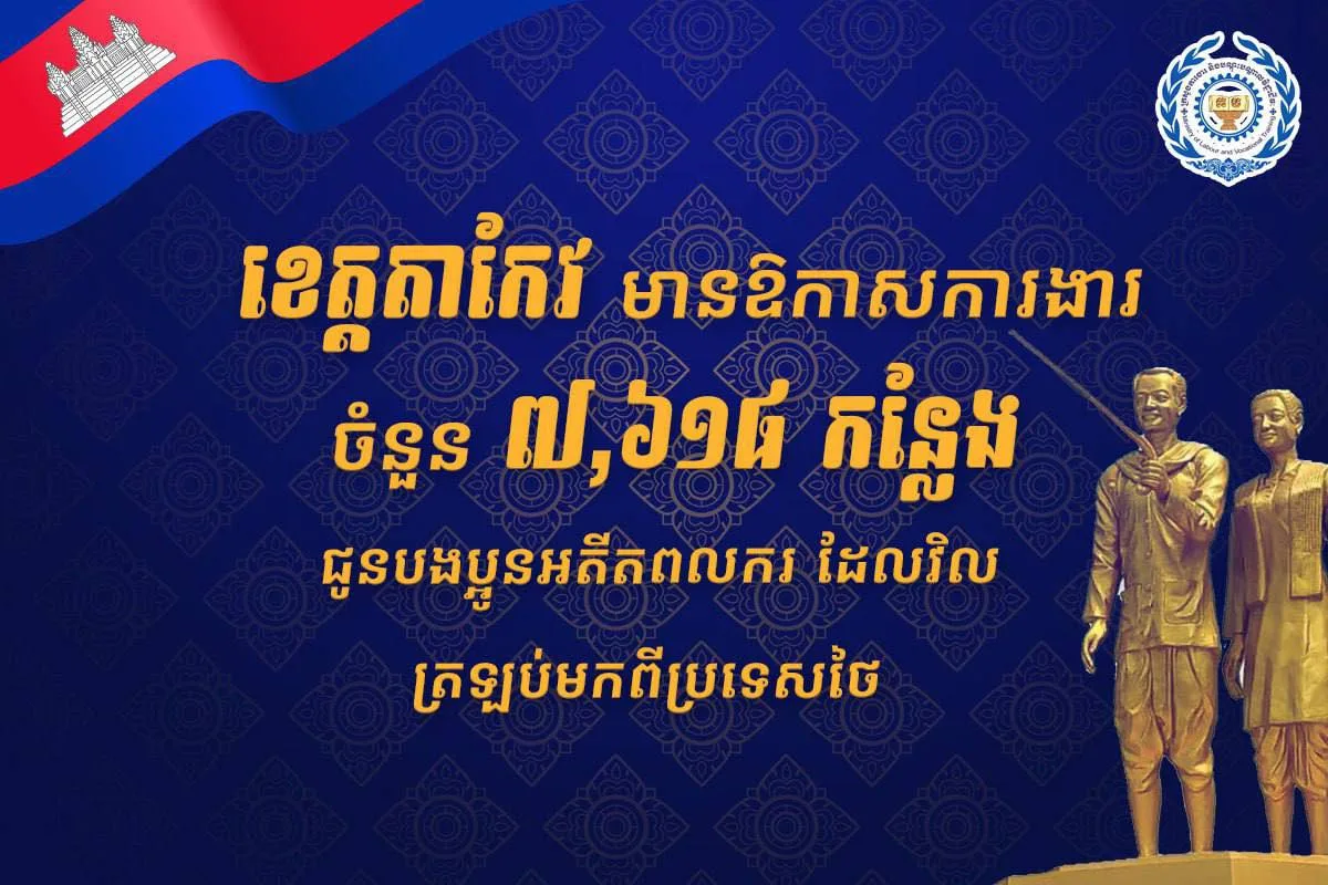 ឱកាសការងារចំនួន ៧,៦១៨ កន្លែង នៅខេត្តតាកែវ