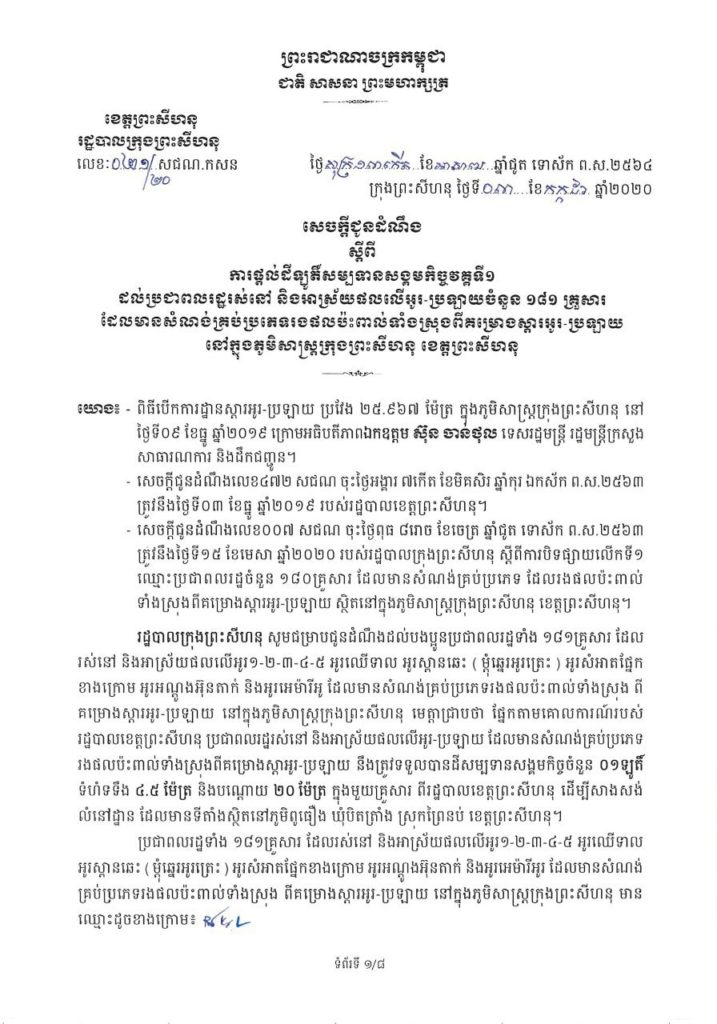 សេចក្តីជូនដំណឹង ស្តីពីការផ្តល់ដីឡូត៍សម្បទានសង្គមកិច្ចវគ្គទី១ដល់ប្រជាពលរដ្ឋរស់នៅ និងអាស្រ័យផលលើអូរ-ប្រឡាយចំនួន១៨១ គ្រួសារដែលមានសំណង់គ្រប់ប្រភេទរងផលប៉ះពាល់ទាំងស្រុងពីគម្រោងស្តារអូរ-ប្រឡាយនៅក្នុងភូមិសាស្ត្រក្រុងព្រះសីហនុ ខេត្តព្រះសីហនុ។