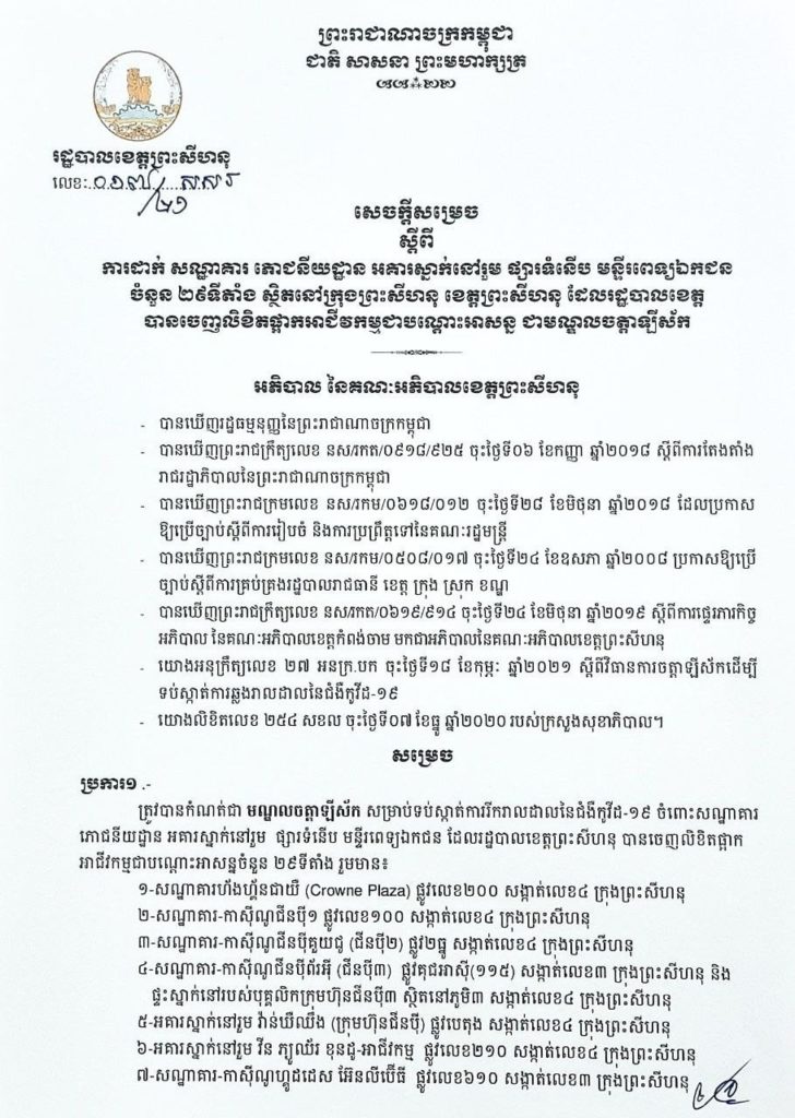 សេចក្តីសម្រេច ស្តីពីការដាក់ សណ្ឋាគារ ភោជនីយដ្ឋាន អាគារស្នាក់នៅរួម ផ្សារទំនើប មន្ទីរពេទ្យឯកជន ចំនួន២៩ទីតាំង ស្ថិតនៅក្រុងព្រះសីហនុ ខេត្តព្រះសីហនុ ដែលរដ្ឋបាលខេត្តបានចេញលិខិតផ្អាកអាជីវកម្មជាបណ្ដោះអាសន្ន ជាមណ្ឌលចត្តាឡីស័ក