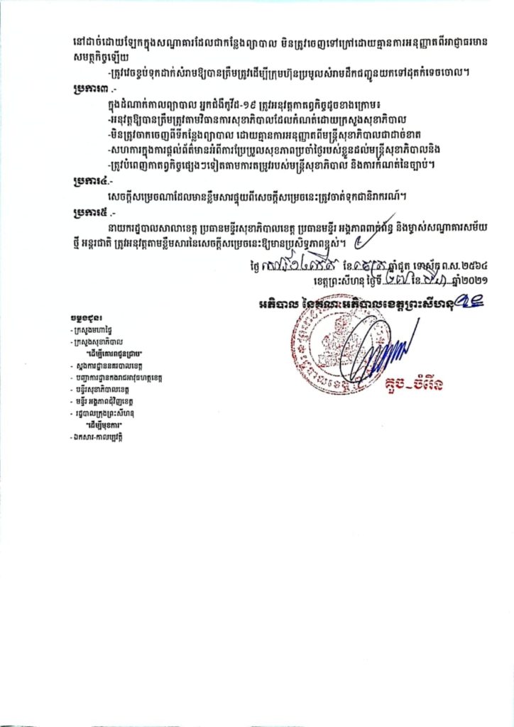 ការសម្រេចដាក់សណ្ឋាគារសម័យថ្មី អន្តរជាតិ មានទីតាំងស្ថិតនៅផ្លូវគុជអាស៊ី ( ផ្លូវលេខ១២៣៧) ភូមិ១ សង្កាត់លេខ៣ ក្រុងព្រះសីហនុ ជាកន្លែងព្យាបាលអ្នកជំងឺកូវីដ-១៩ នៅខេត្តព្រះសីហនុ