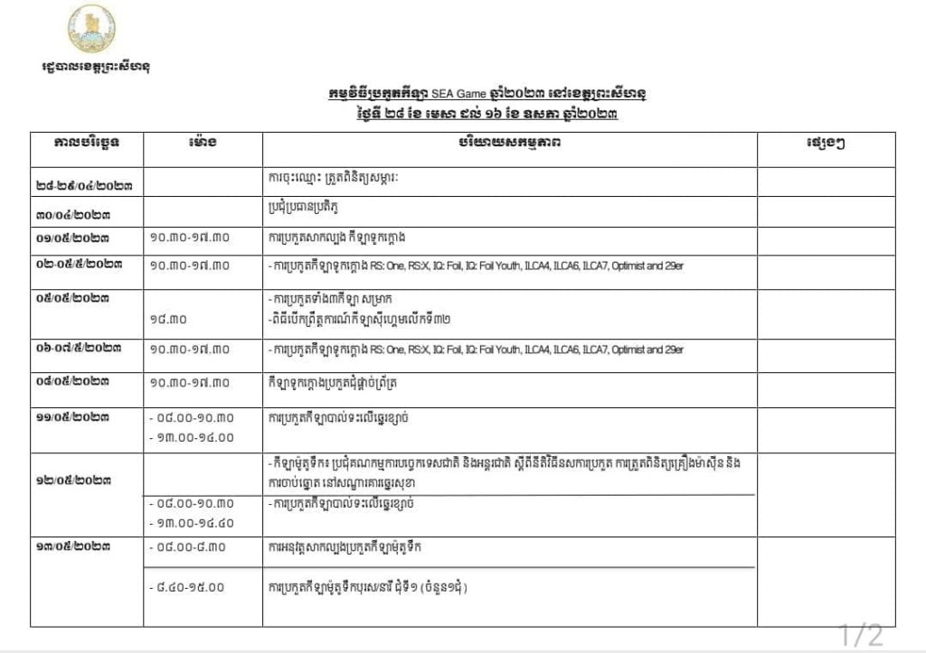 កម្មវិធីប្រកួតកីឡា SEA Game ឆ្នាំ២០២៣ នៅខេត្តព្រះសីហនុ ថ្ងៃទី២៨ ខែមេសា ដល់ថ្ងៃទី១៦ ខែឧសភា ឆ្នាំ២០២៣