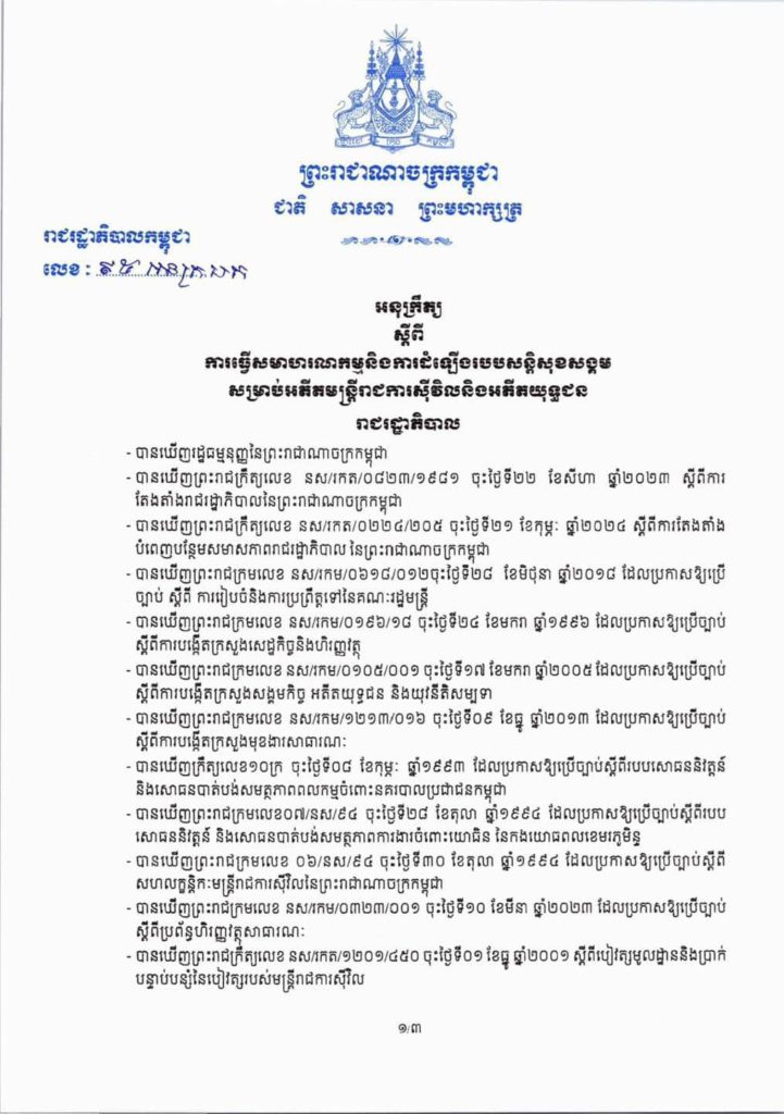 អនុក្រឹត្យ ស្តីពី ការធ្វើសមាហរណកម្មនិងការដំឡើងរបបសន្តិសុខសង្គម សម្រាប់អតីតមន្ត្រីរាជការស៊ីវិលនិងអតីតយុទ្ធជន។